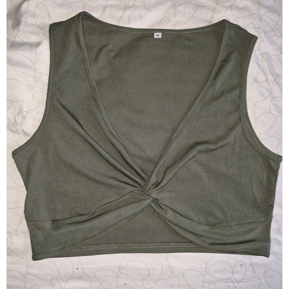 Olive Green Ribbed Knit Twist Front Sleeveless Cropped Tank Top XL